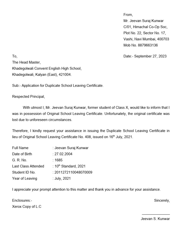lc application letter for school