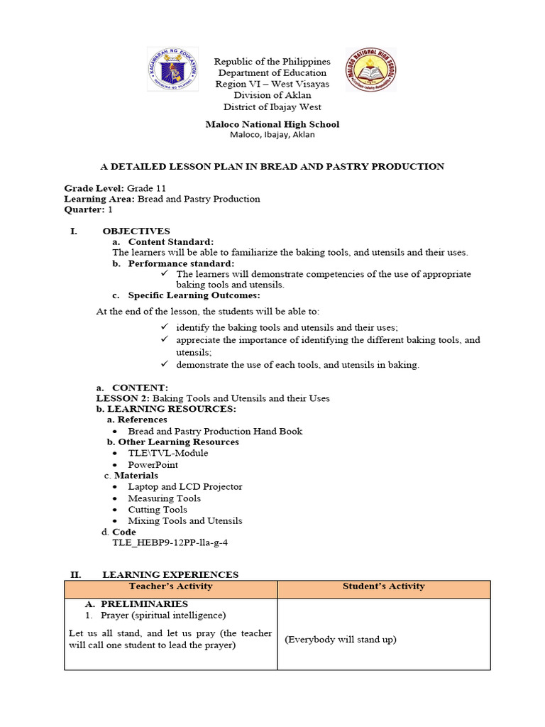 A Detailed Lesson Plan in Bread in Pastry Production - Baking Tools ...