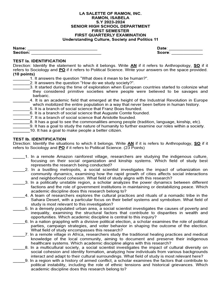 11 Ucsp Exam 1st Quarter | PDF | Social Sciences | Multiculturalism