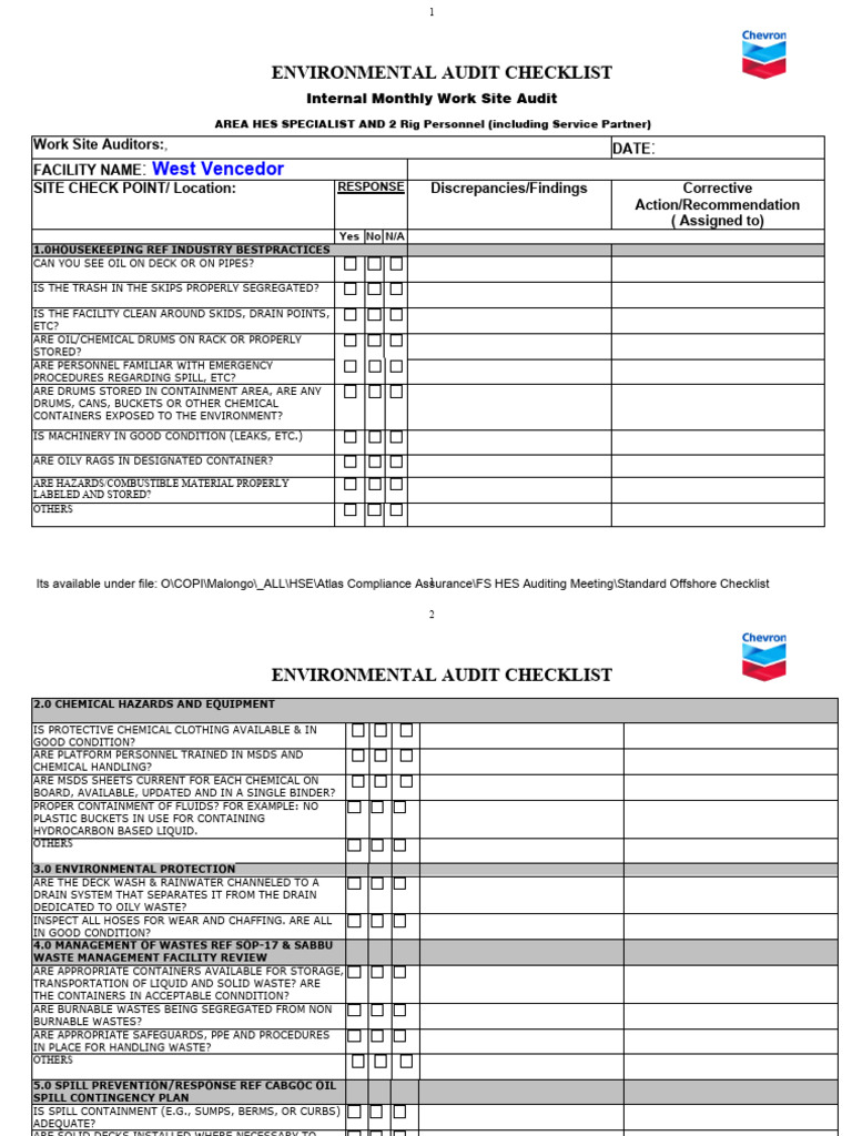 Environmental Audit Checklist Template | PDF | Waste | Audit