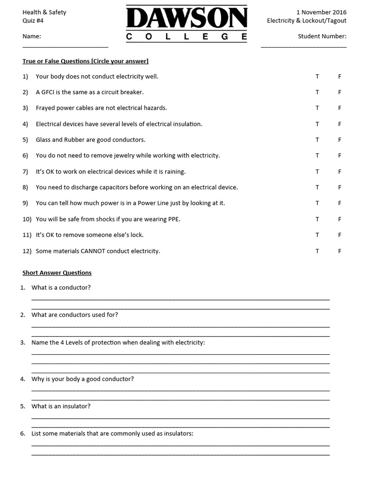 Electricity & Lockout/Tagout Quiz | PDF | Electromagnetism | Electricity