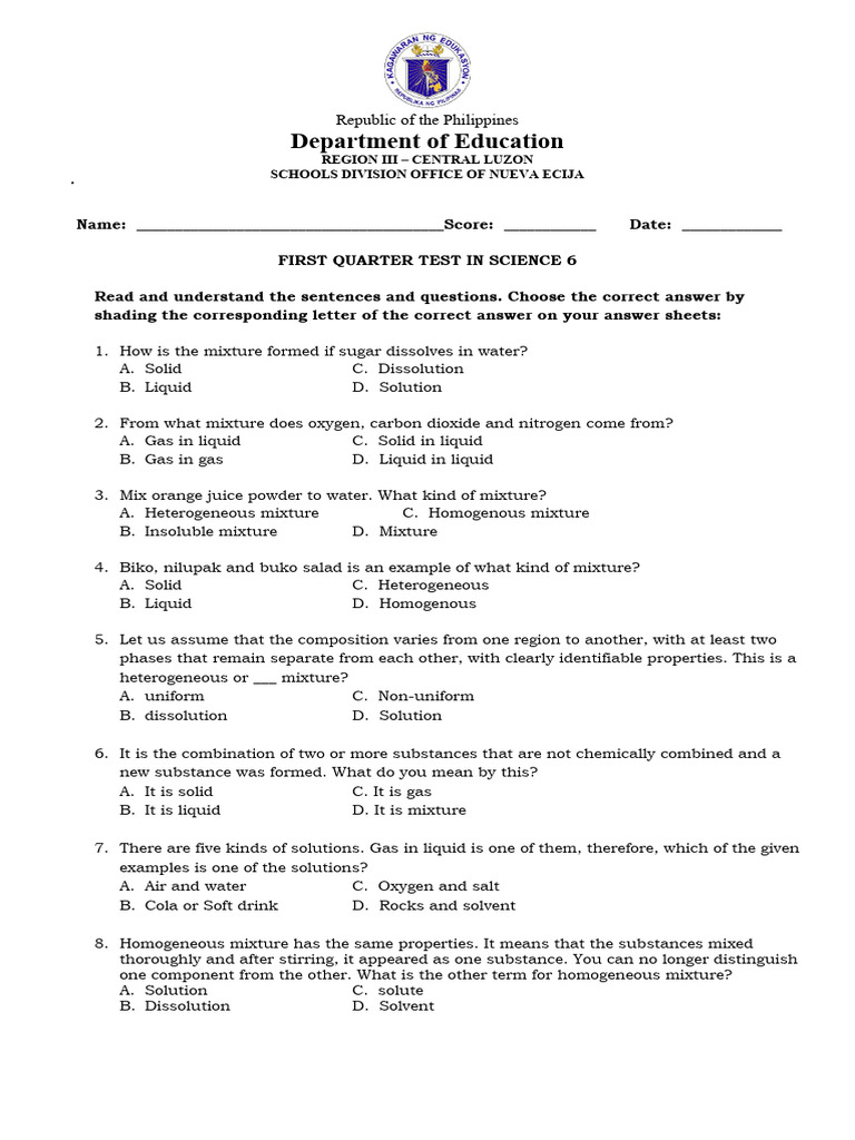 Science 6 First Quarter Test Guide | PDF | Mixture | Solubility
