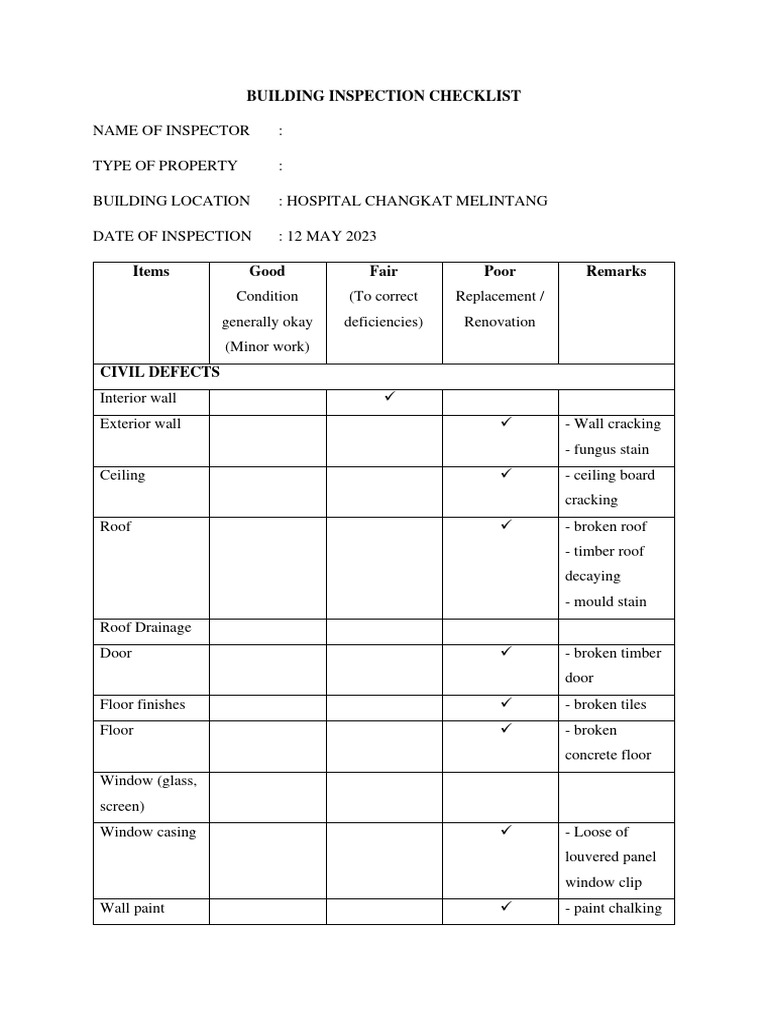 Building Inspection Checklist REM257 | PDF | Wall | Roof