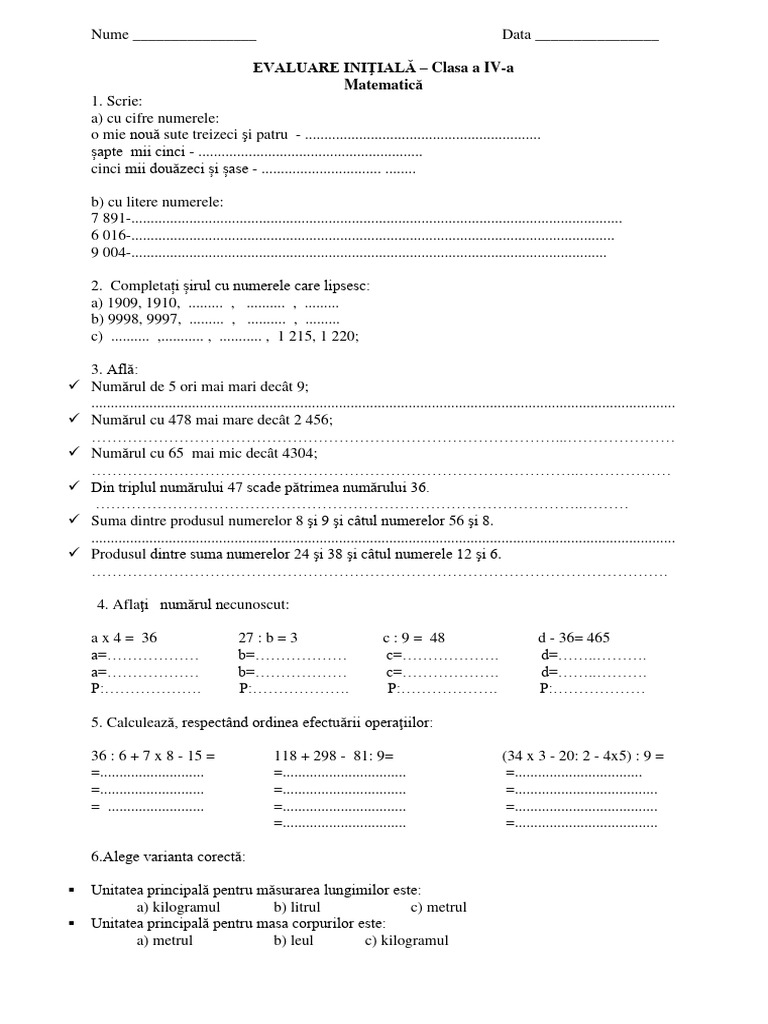 Evaluare Initiala Matematica Cls IV | PDF