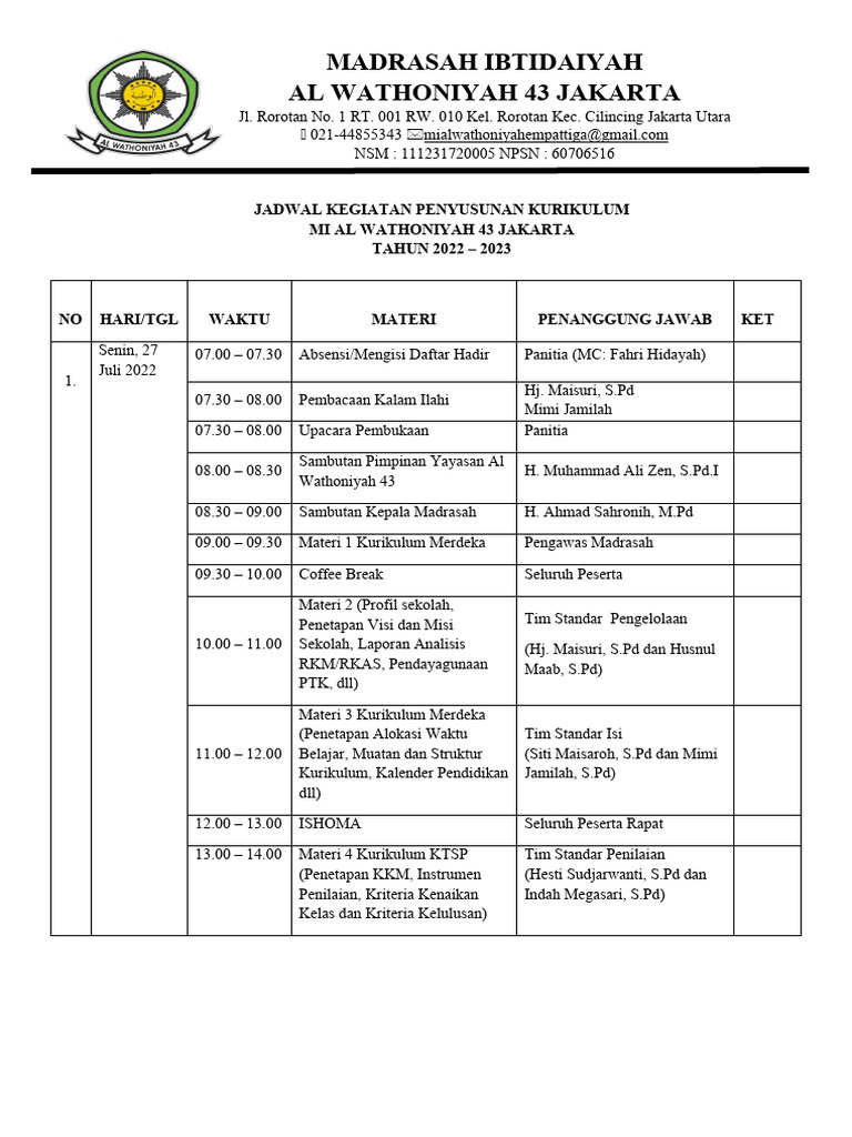 Jadwal Kegiatan Rapat Kerja Pdf