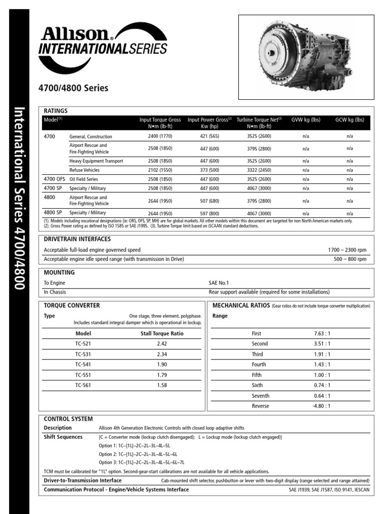 Specifications and Technical Details for Allison 4700/4800 Series