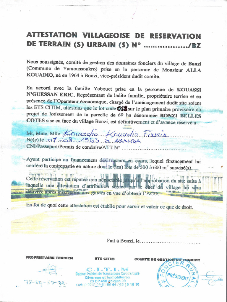 Attestation Villageoise | PDF | Utilisation des terres