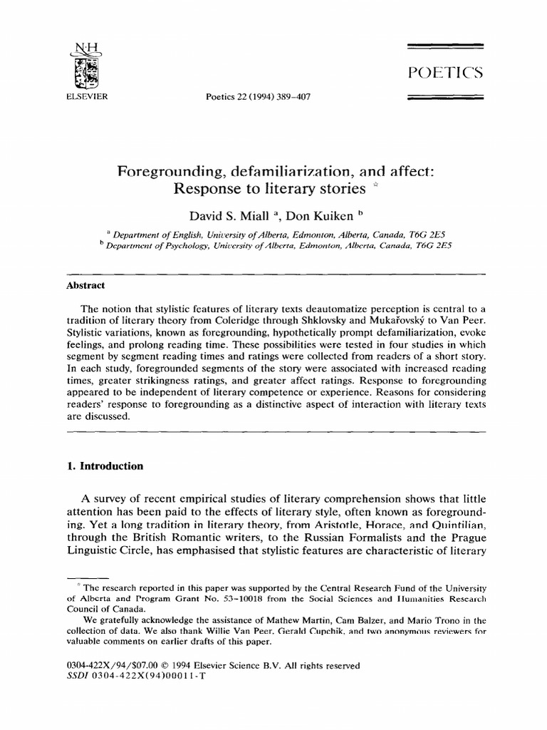 Foregrounding, Defamiliarization, Andaffect Responsetoliterarystories ...