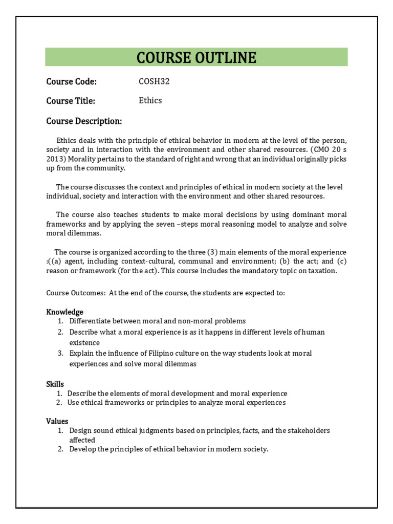 Ethics Course Outline and Objectives | PDF | Morality | Human Communication