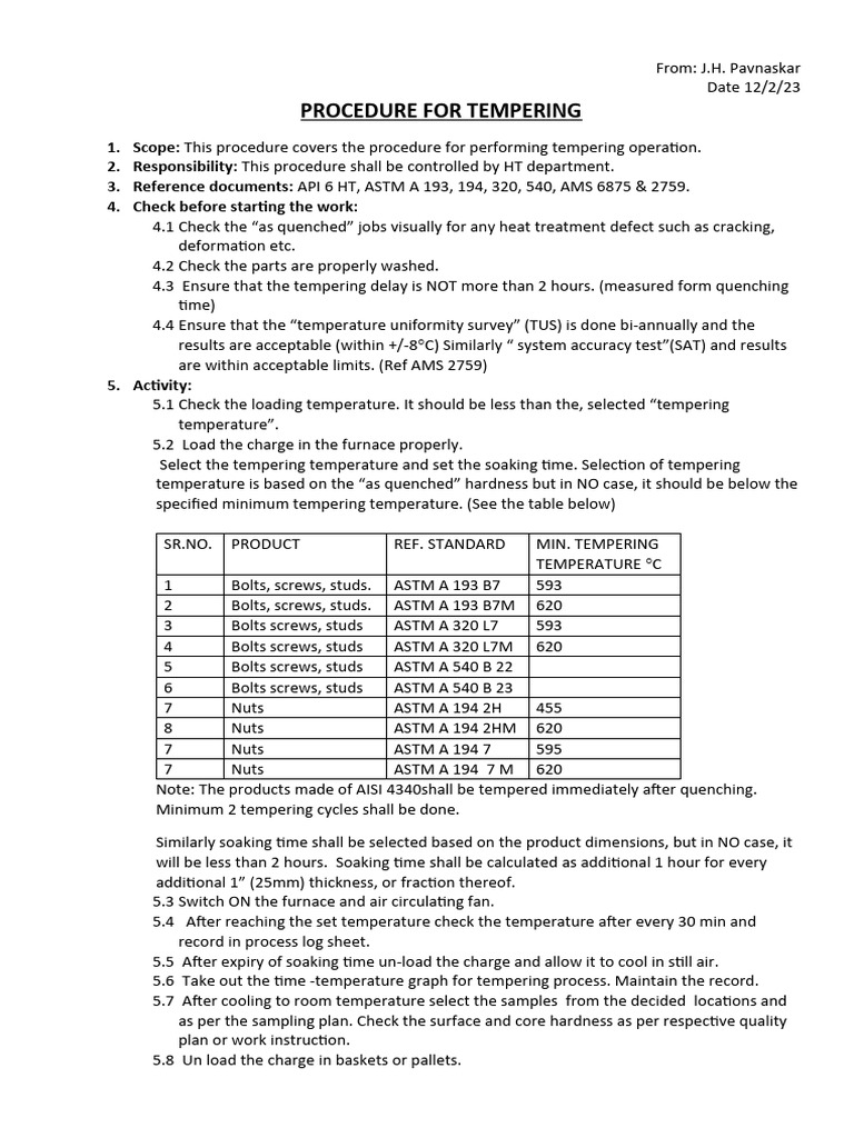 Tempering Procedure and Monitoring Guide | PDF | Screw | Metallurgy