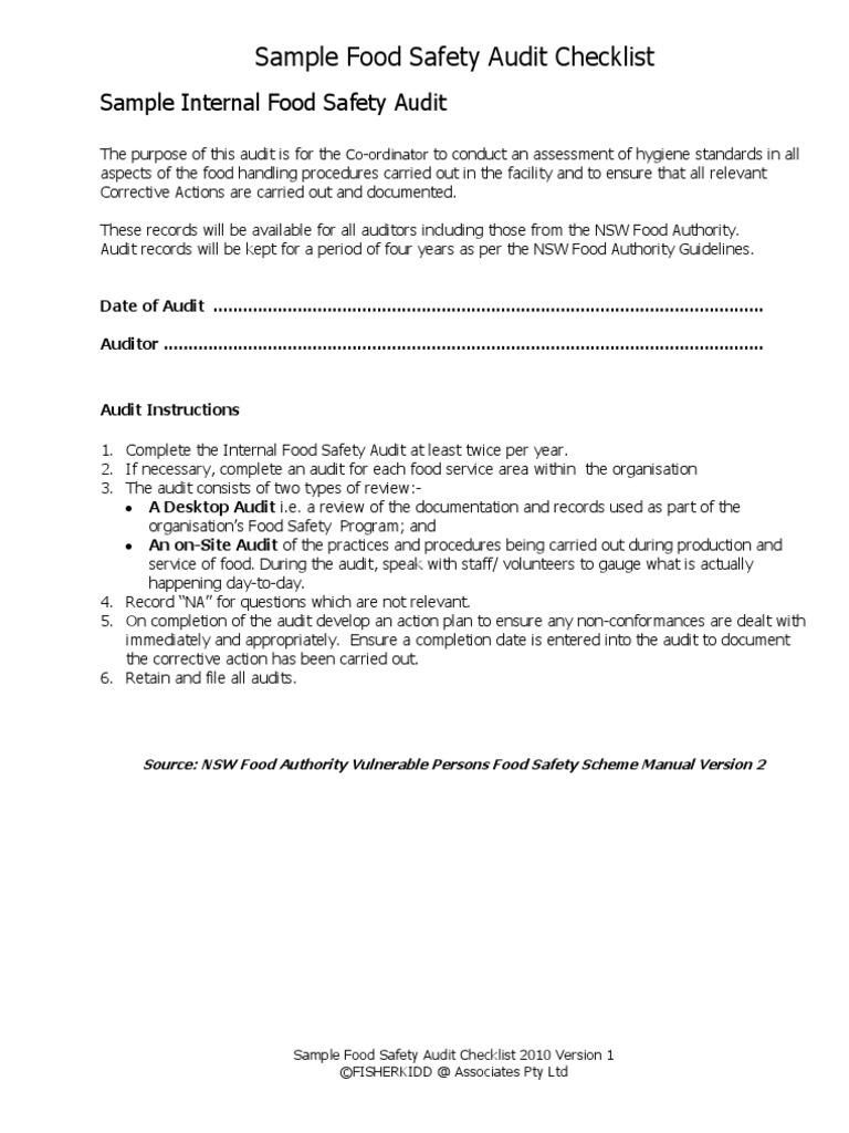 Sample Food Safety Audit Checklist