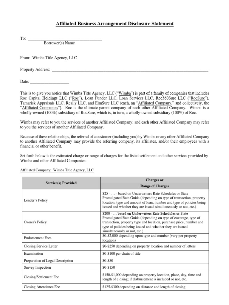 Affiliated Business Arrangement Disclosure | PDF | Title Insurance | Fee