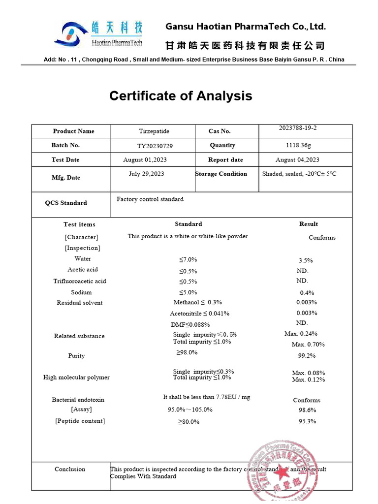 coa tirzepatide Tirzepatide Certificate of Analysis | PDF | Organic Compounds