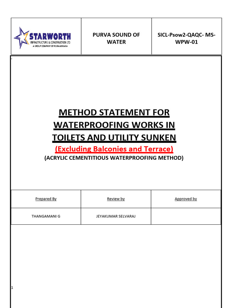 Waterproofing Method Statement for Toilets | PDF | Concrete | Coating