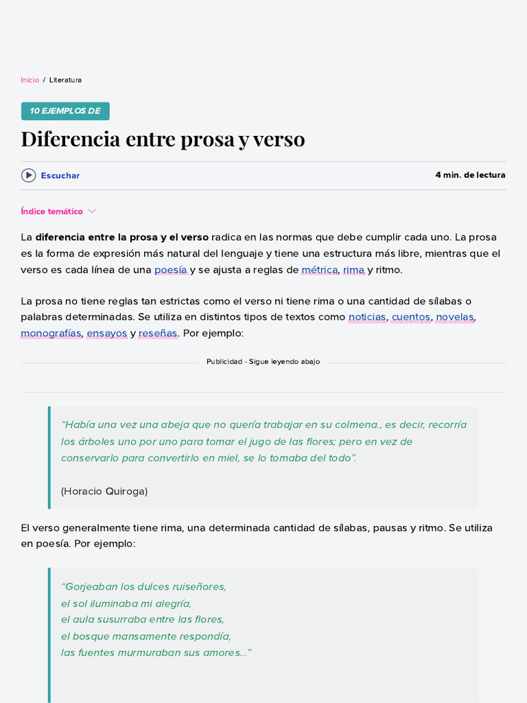 Diferencia Entre Prosa y Verso (Con Ejemplos) | PDF | Rima | Metro (poesía)