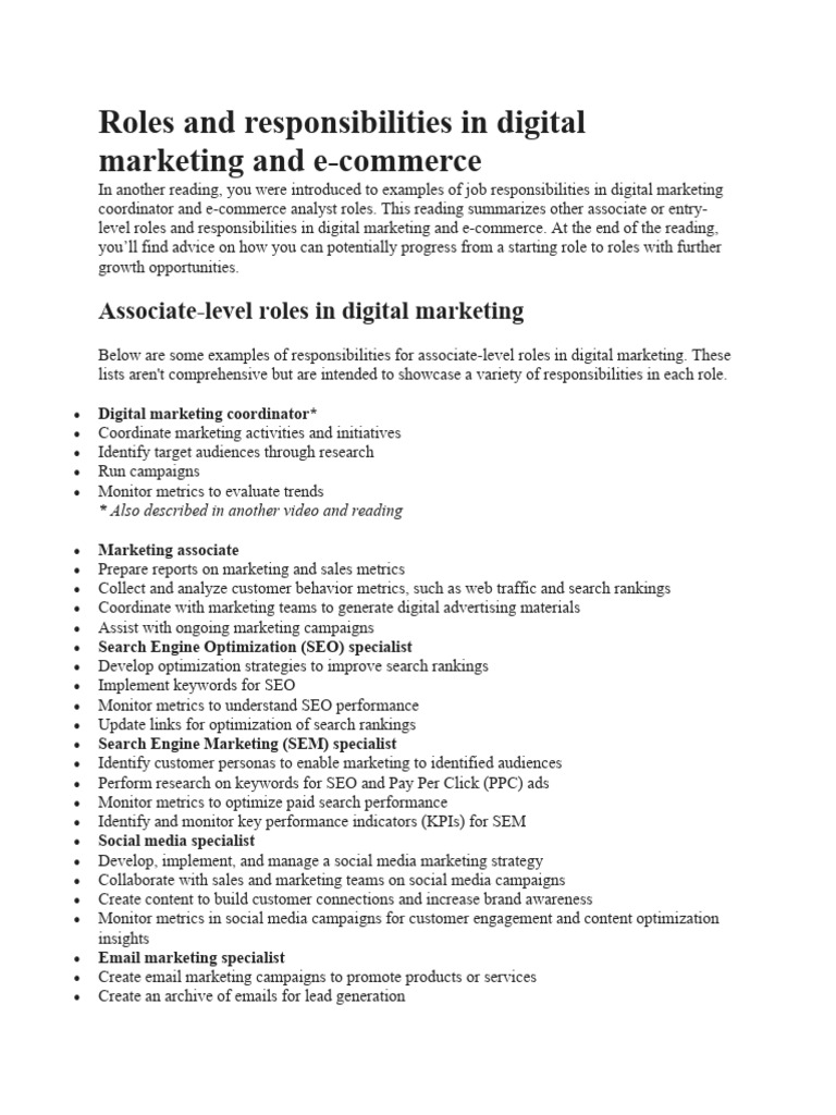 Digital Marketing Roles and Responsibilities | PDF | Digital Marketing ...