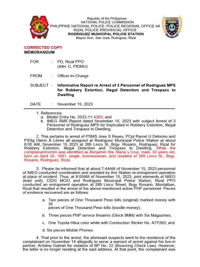 Informative Report-re-Arrest-of-3-Personnel-of-Rodriguez-MPS-for | PDF ...