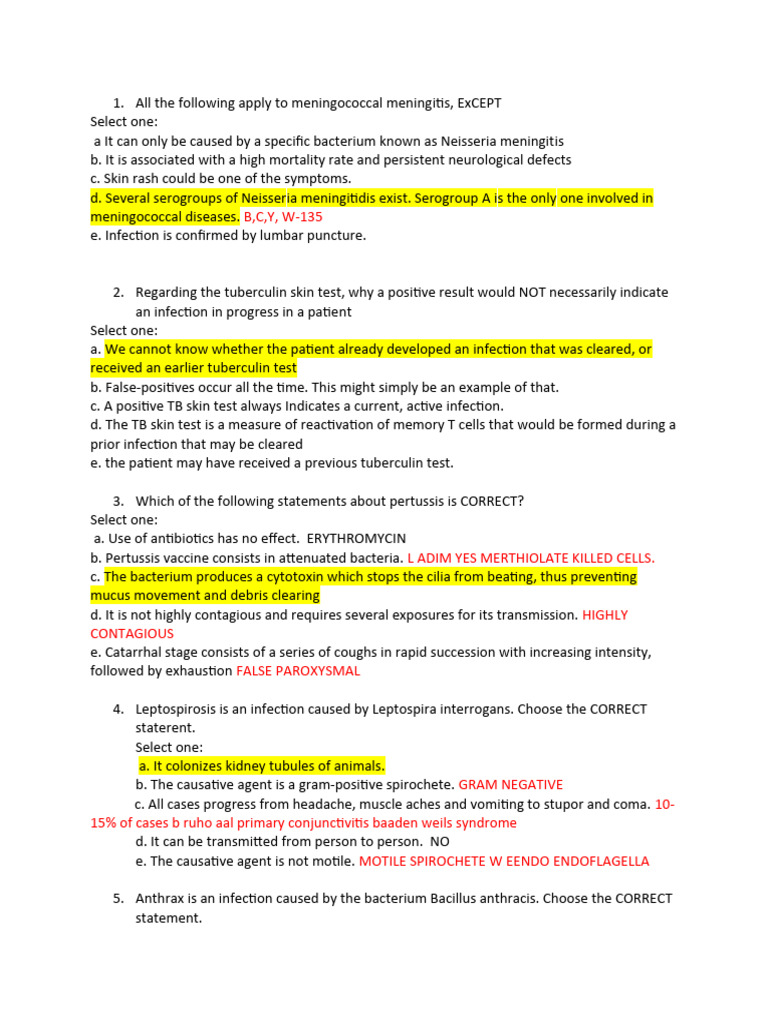 Fundamentals of Microbiology Test PDF Infection Meningitis