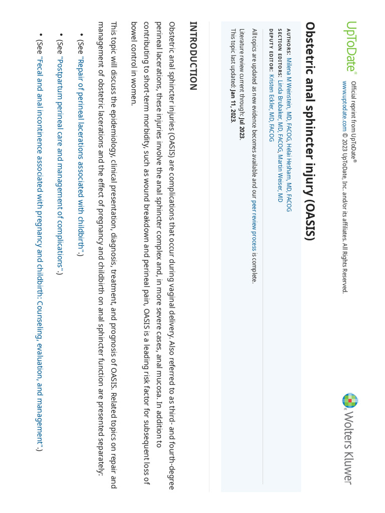 Obstetric Anal Sphincter Injury (OASIS) - UpToDate | PDF | Childbirth ...