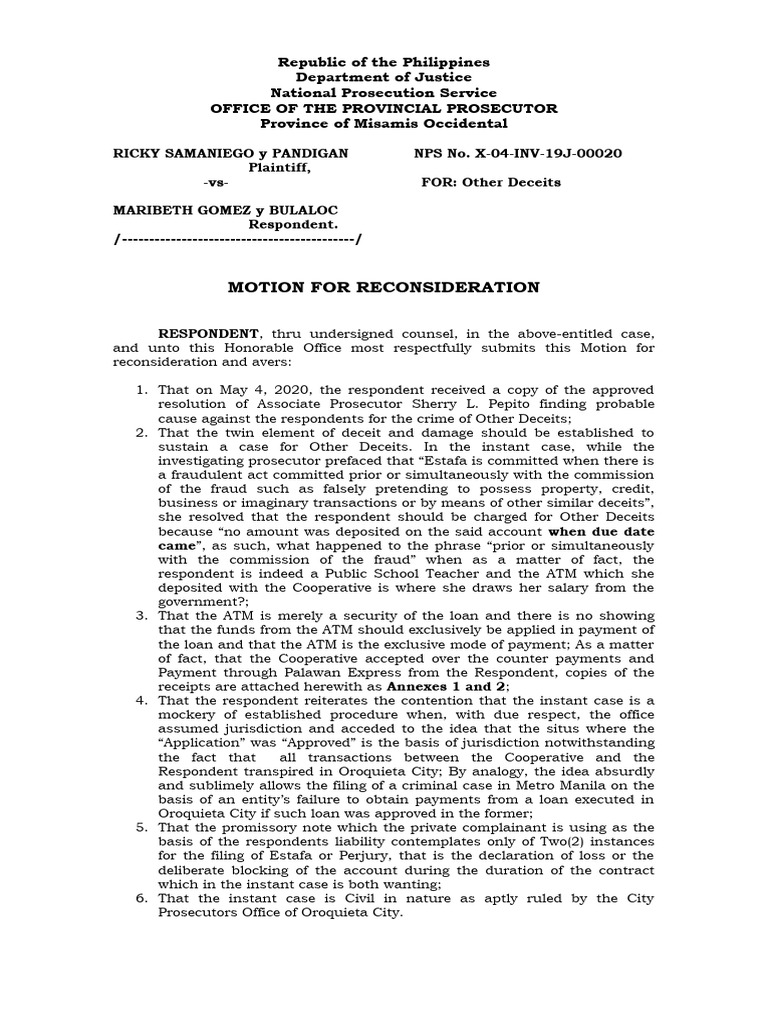 Motion For Reconsideration MARIBETH GOMEZ y BULALOC Download Free
