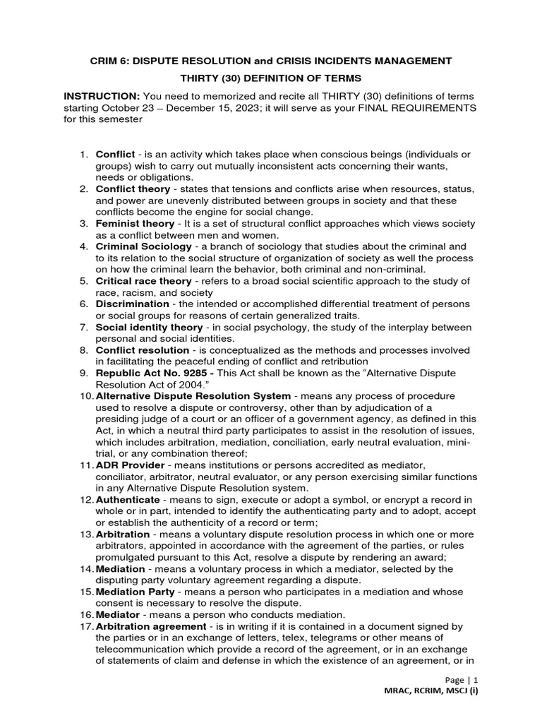 Crim 6: 30 Key Terms in Dispute Resolution | PDF | Mediation ...