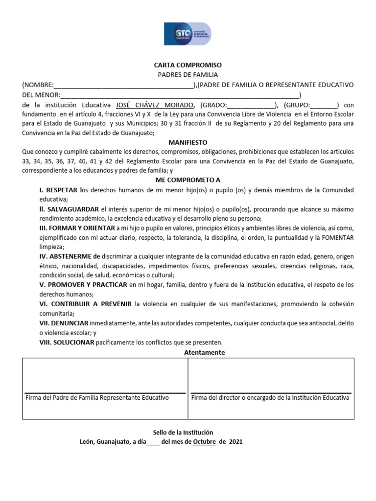 Carta Compromiso Escolar para Padres | PDF | Violencia | Derechos humanos
