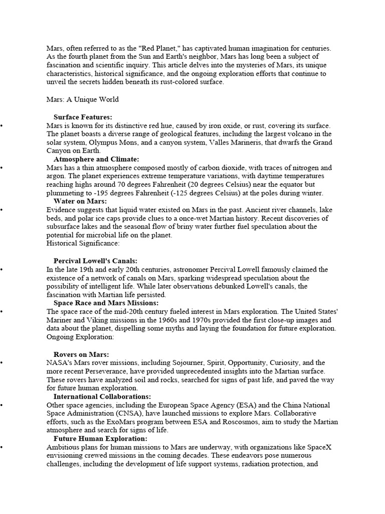 Mars The Red Mysteries and Ongoing Exploration PDF Mars