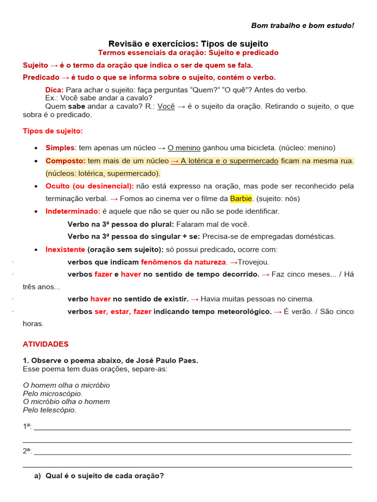 Tipos de Sujeito e Predicado | PDF | Assunto (gramática) | Linguística