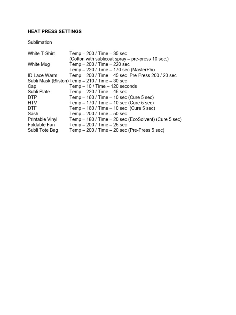 Heat press settings pdf