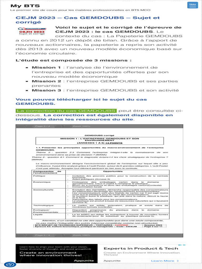 BTS MCO » CEJM 2023 Cas GEMDOUBS Sujet et corrigé PDF