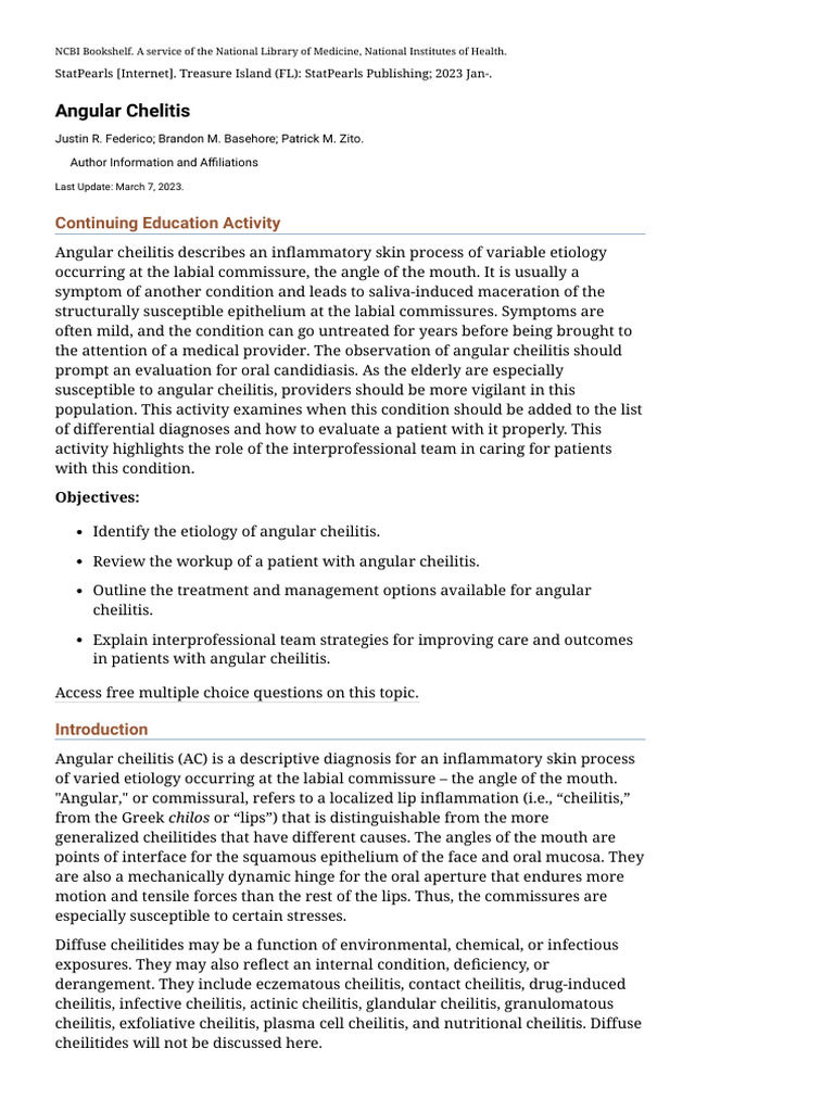 Angular chelitis statpearls ncbi bookshelf pdf candidiasis