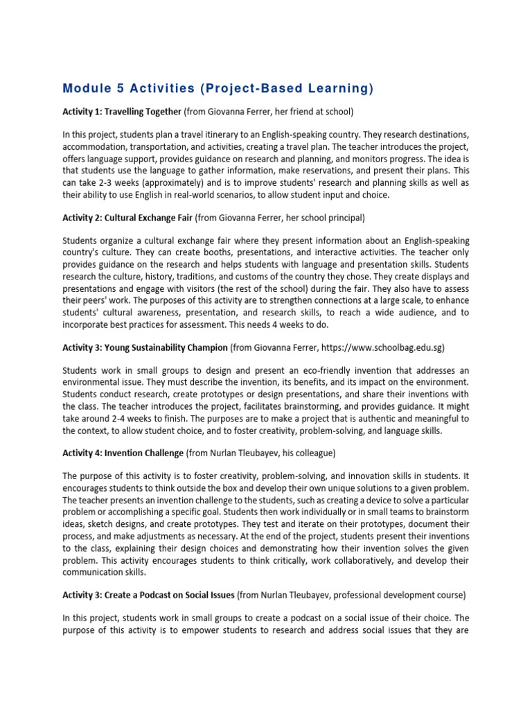 Activities For Project Based Learning | PDF | Creativity | Invention