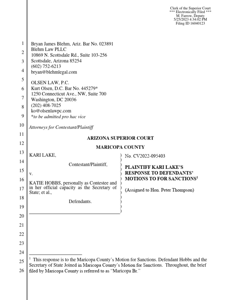 Plaintiff Kari Lake's Response To Defendants' Motions To For Sanctions