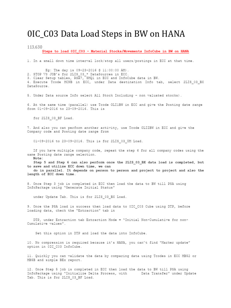 0IC - C03 Data Load Steps in BW On HANA | PDF | Data Management ...