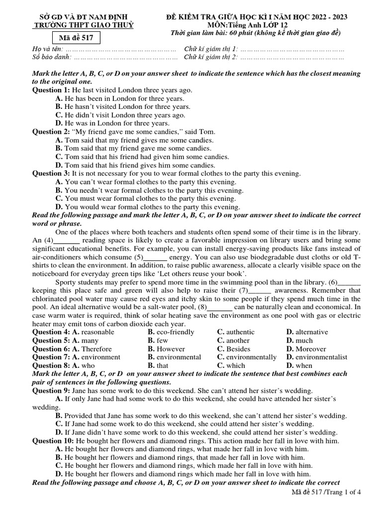 English Test Paper for Grade 12 | PDF | David Beckham | Air Pollution