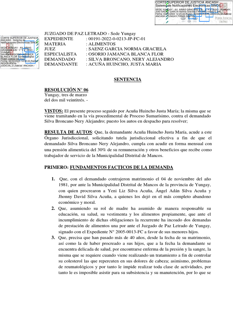 Sentencia de Alimentos para Cónyuge | PDF | Pensión alimenticia
