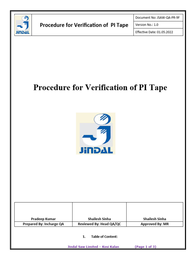 PR9F Procedure For Verification of Pi Tape PDF Verification And