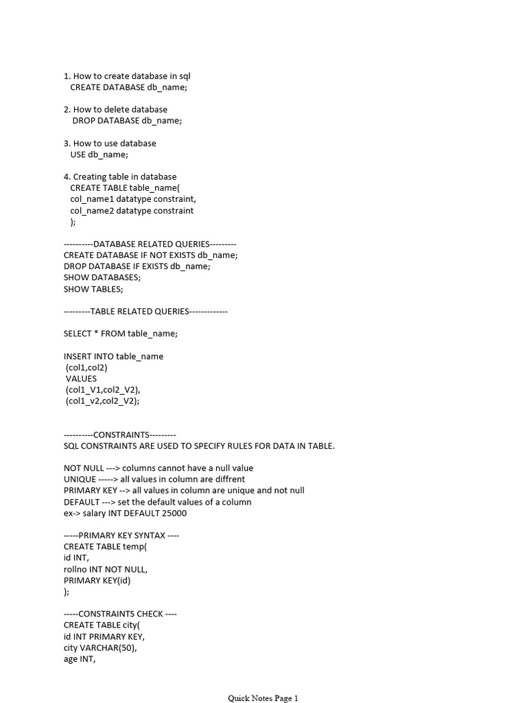 Quick notes page 1 pdf relational database table database 