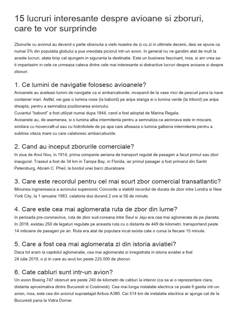15 Lucruri Interesante Despre Avioane Si Zboruri | PDF