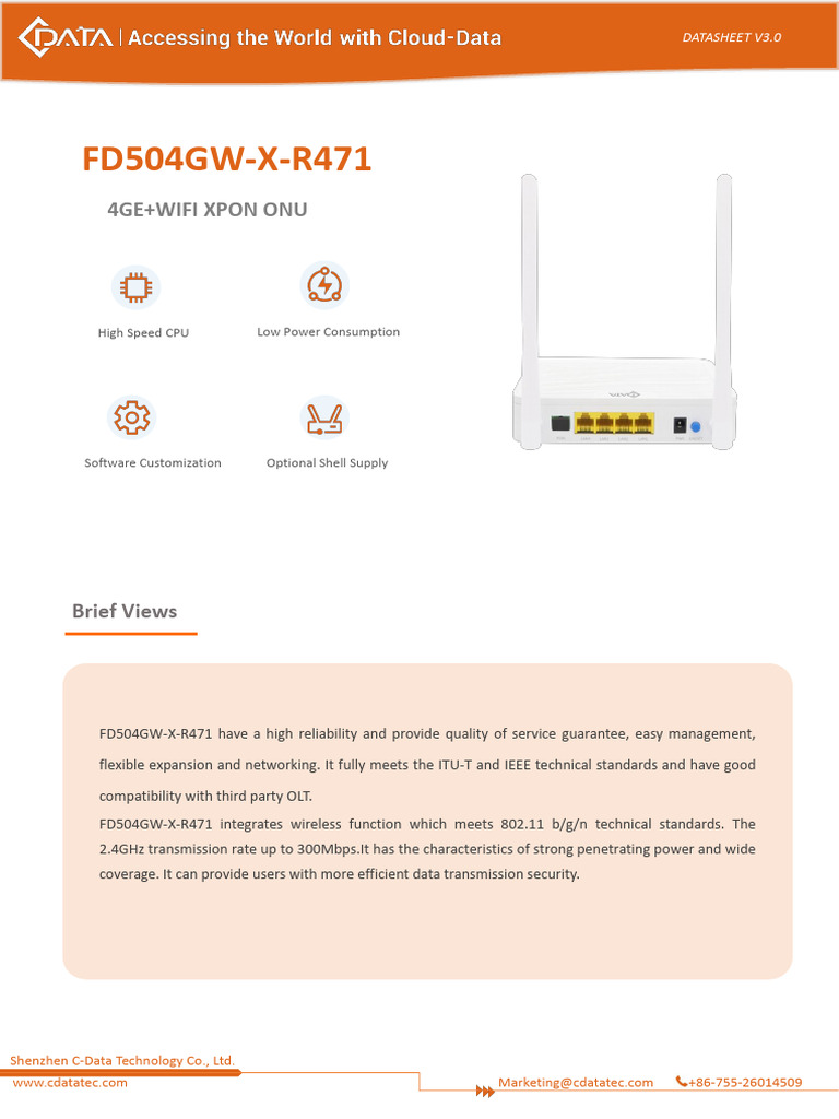 Cdata Xpon Onu Fd504gw X r471 (4ge Wifi) | PDF
