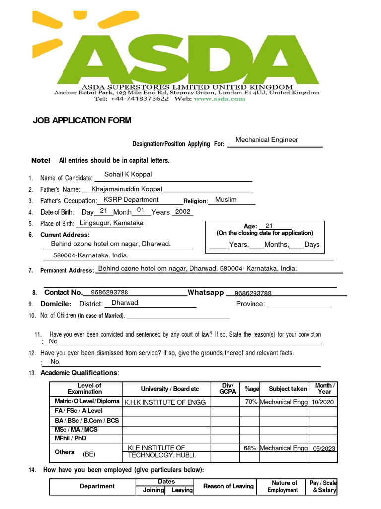 Asda Stores Employment Application Form Filled | PDF 