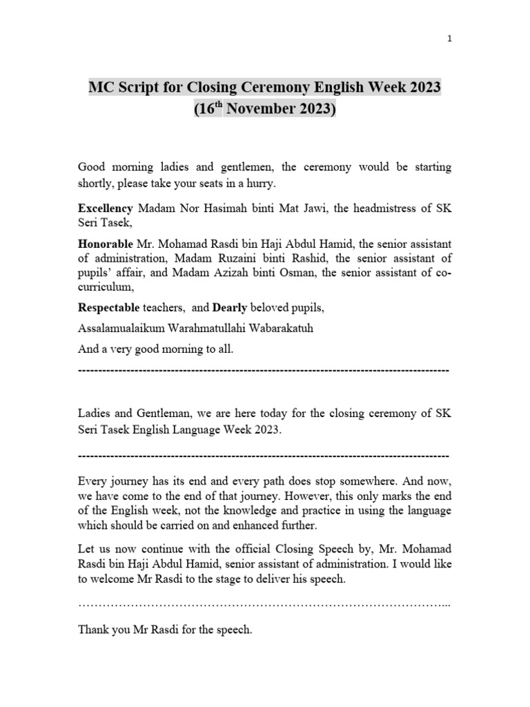 English Week Closing Ceremony Mc Text Pdf Human Communication