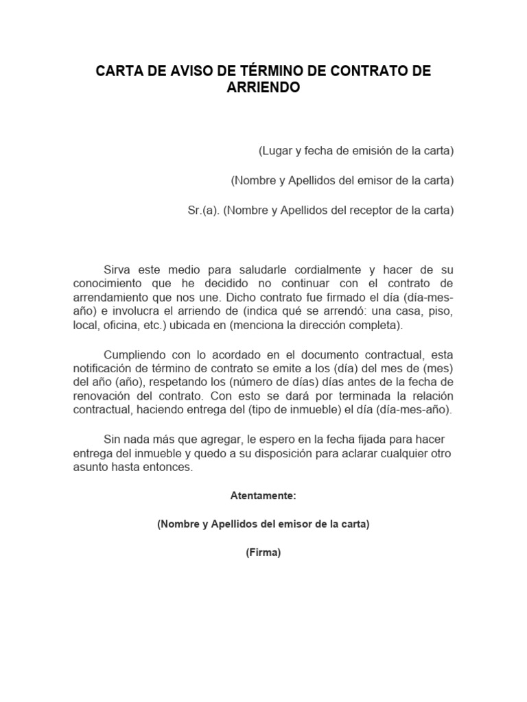 Carta De Aviso De Término De Contrato De Arriendo Pdf