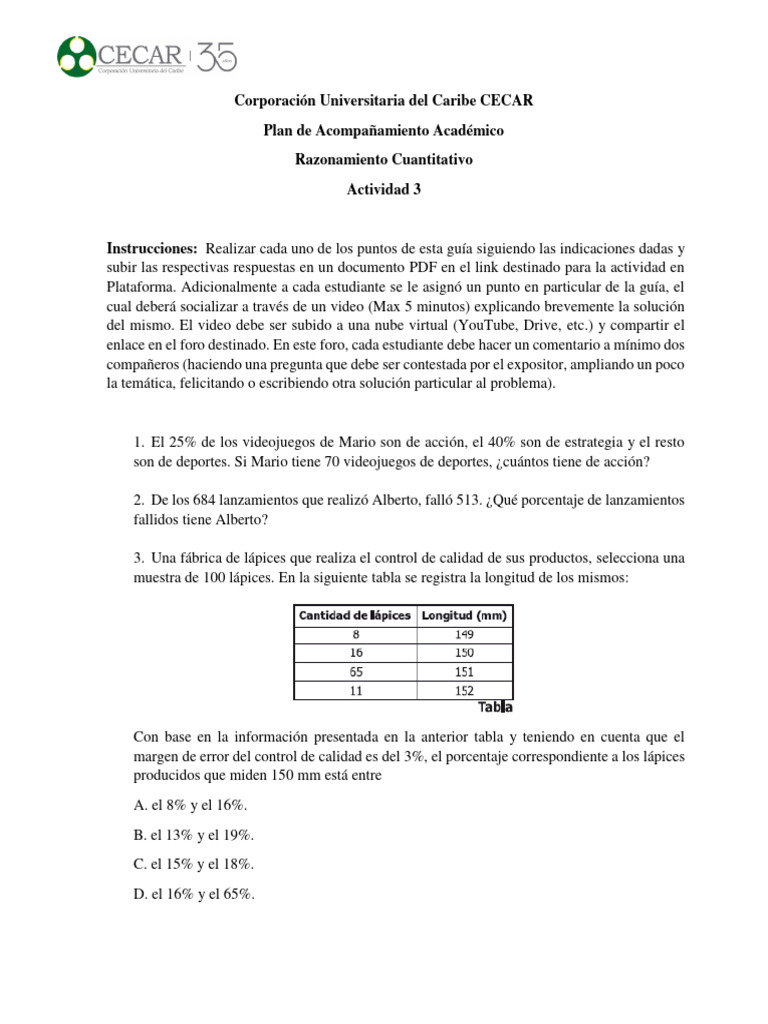 Actividad de Razonamiento Cuantitativo CECAR | PDF