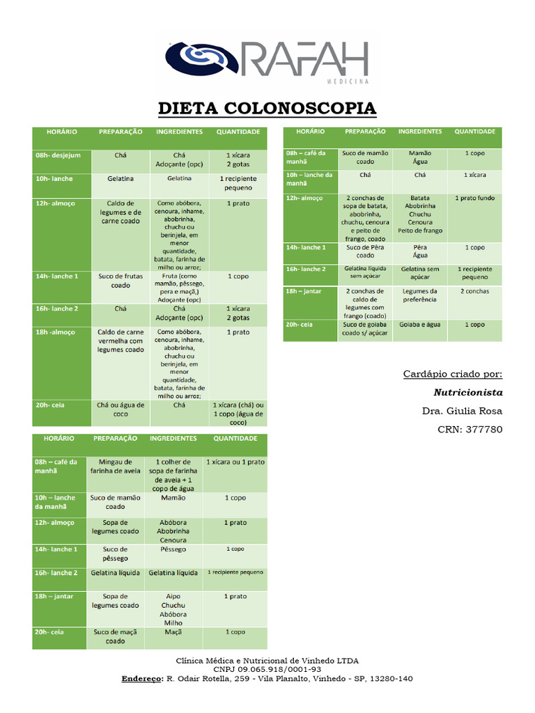 Cardápio para Dieta de Colonoscopia | PDF