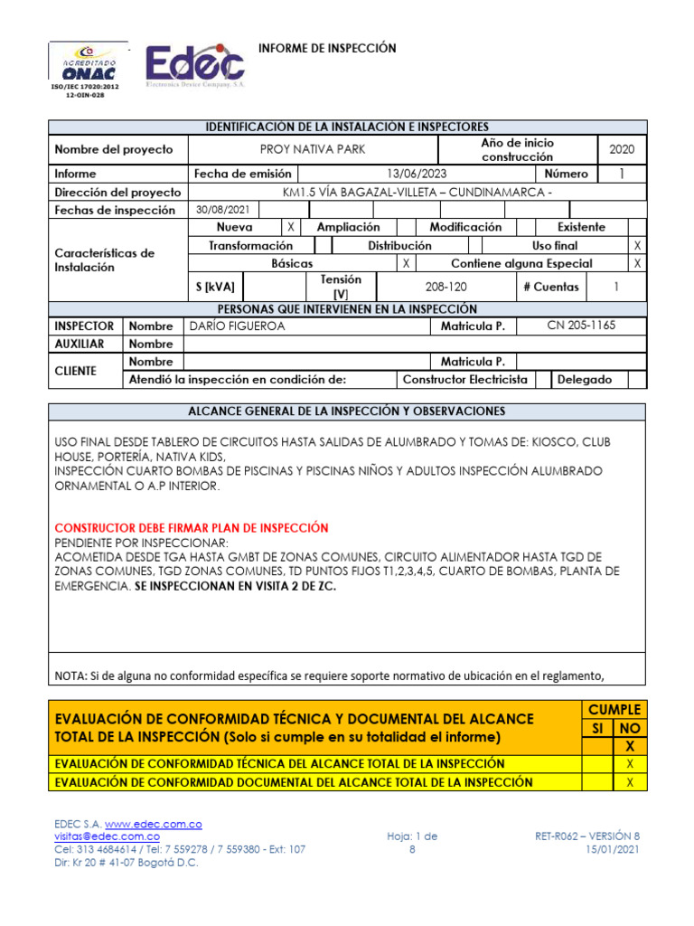Proy Nativa Park V11 - Informe de Inspección 2C | PDF