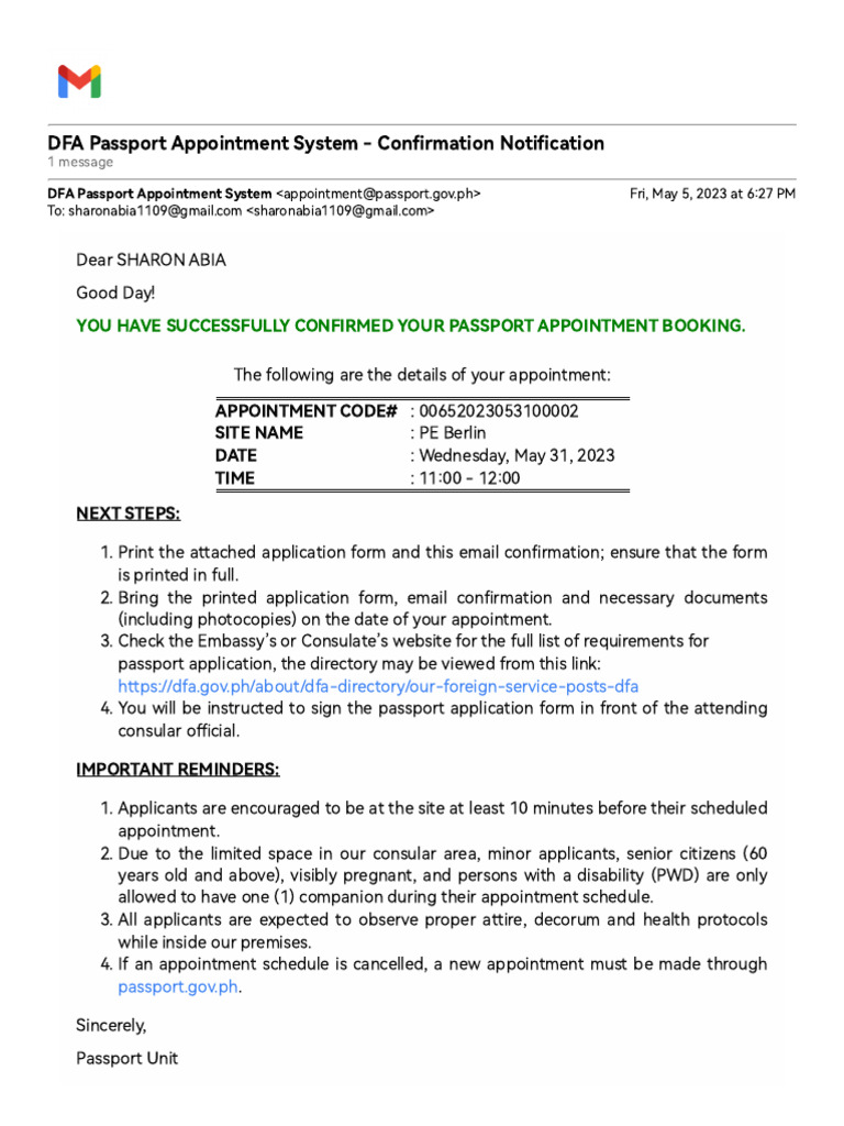 Gmail dfa passport appointment system confirmation notification pdf
