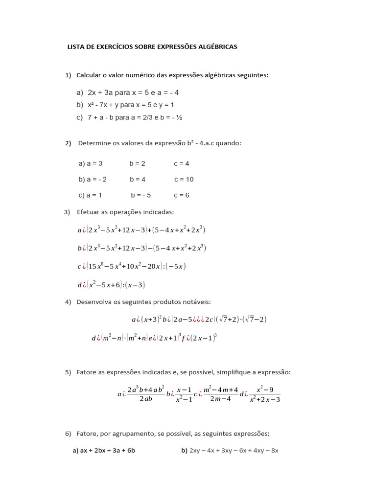 Exercícios Expressões Algébricas Pdf
