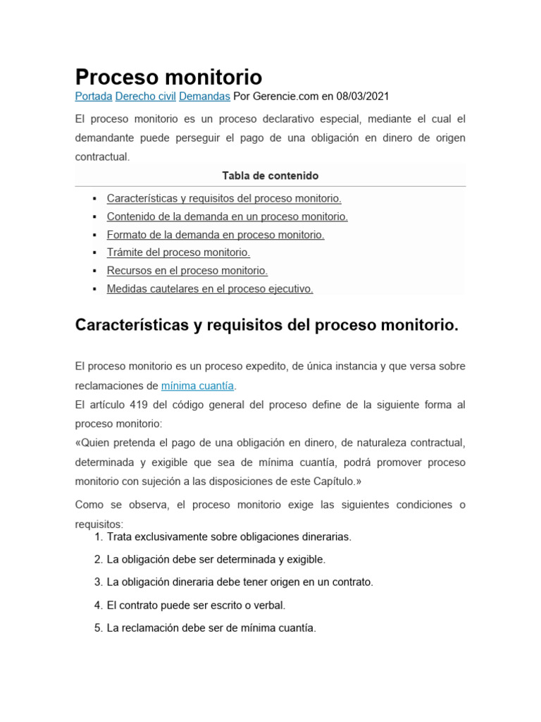 Proceso Monitorio: Guía Completa | PDF | Demanda judicial | Mandato