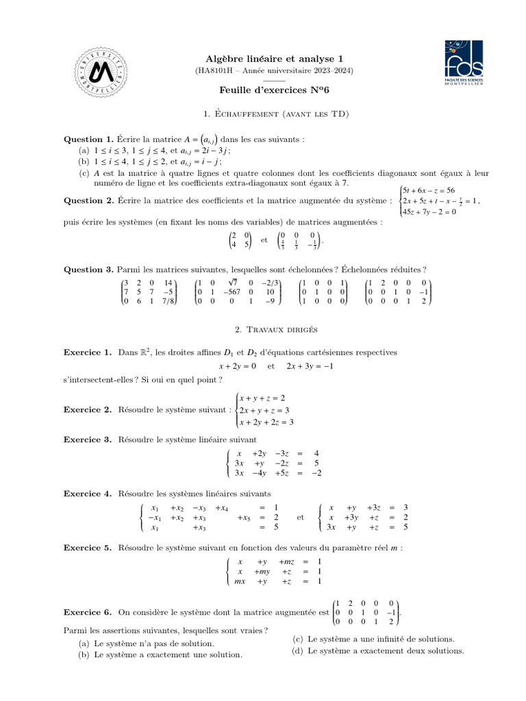 Exercices d'Algèbre Linéaire 2023-2024 | PDF | Matrice (Mathématiques ...